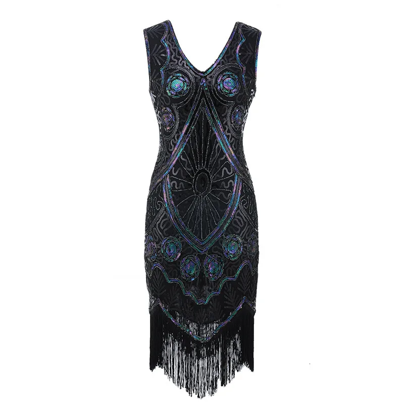 Femme 1920s Great Gatsby Flapper Sequin Fringe Embroidery Midi Dress Summer Art Deco Retro Black Dress Women Party Dress Robe  (6)