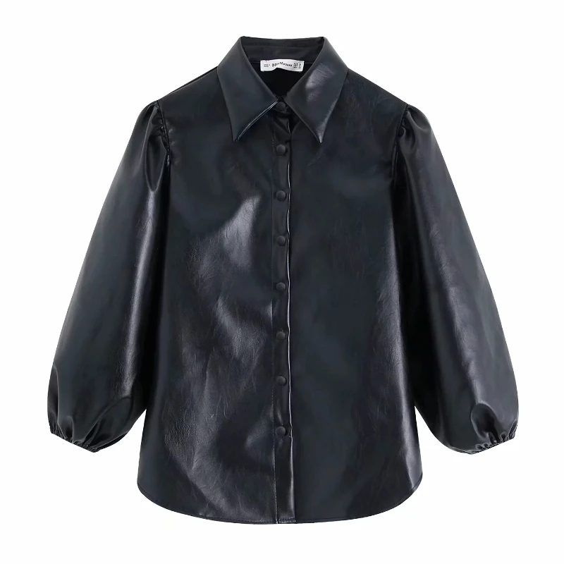 Miglior Delle donne dell annata di Cuoio DELL UNITÀ di elaborazione del manicotto della lanterna nero camicette camicie donna chi monopetto casual blusas retro top chemise LS4177