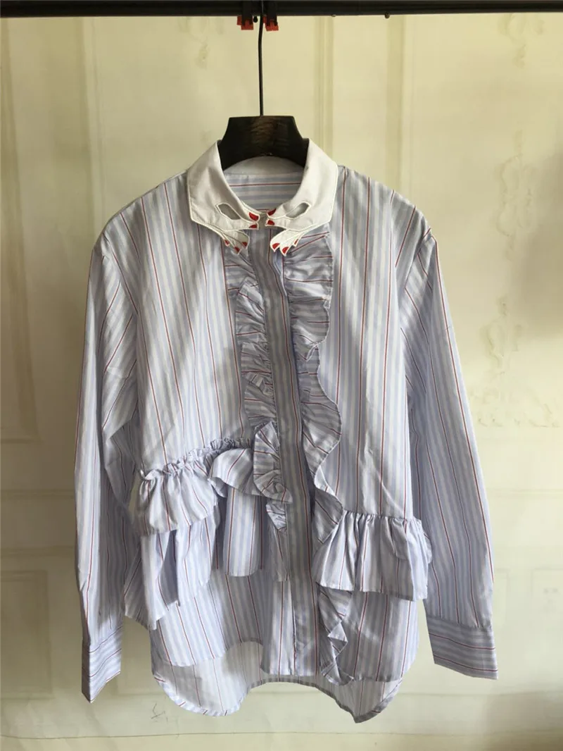 WHITNEY WANG Blouses Autumn Fashion Streetwear Finger Collar Ruffles Striped Blouse Women Blusas Office Lady Shirt Tops