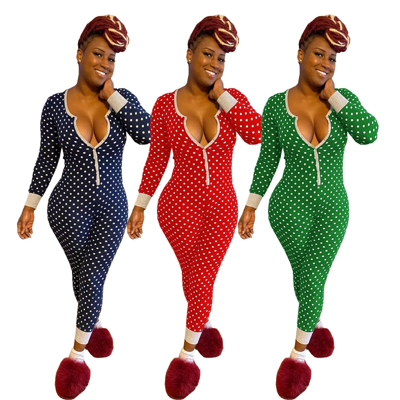 

RStylish Christmas Jumpsuit For Women Fashion Long Sleeve Dots Button Bodycon Rompers Casual Skinny One Piece Playsuit Club Wear