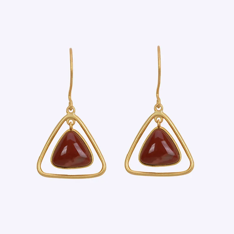 Uglyless Triangle in Triangle Embedded Gemstones Earrings for Women Natural Agate Green Jade Earrings 925 Silver Brincos E1360 - Цвет камня: Round Angle Red