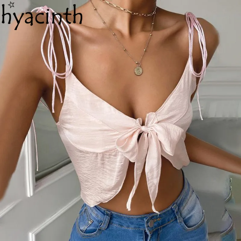 2022 New Tops For Girls Sexy Women Summer Crop Tops Sleeveless Tie Up Bow Decor Chest Spaghetti Straps Camisole Vest
