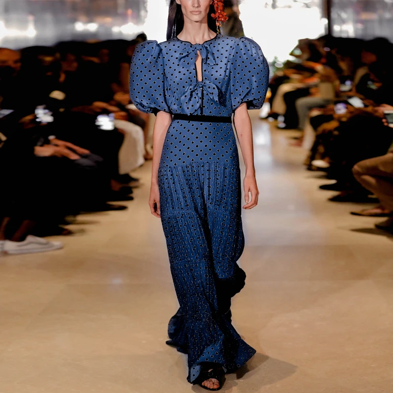 

2020 New Arrival Vintage Retro European Style Designer Runway Dress Women Clothes Polka Pot Short Lantern Sleeve Summer Dresses