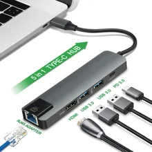New 5 in 1 Type C Hub Hdmi 4K USB C Hub to Gigabit Ethernet Rj45 Lan Adapter for Mac book Pro Thunderbolt 3.0 USB-C
