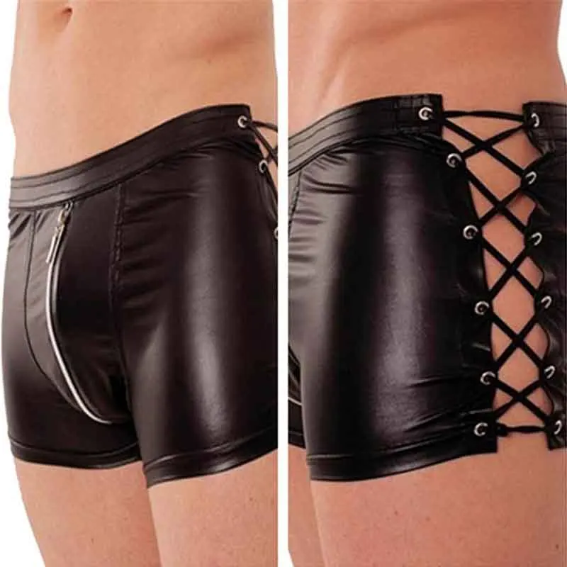 Sexy Men Black Faux PU Leather Latex Shorts Boxers Trunks Erotic PVC Underwear Male Panties Bondage  Lace-Up Gay Fetish Lingerie (3)