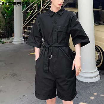 

INCERUN New Fashion Jumpsuit Men Half Sleeve Loose Casual Trousers Solid Color Korean Style Rompers 2020 Men Overalls Streetwear
