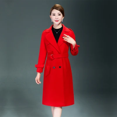 

Boollili European Fashion Wool Coat Women Trench Coats Lady Red Double Breated Wool Blend Overcoat Large Size 3XL