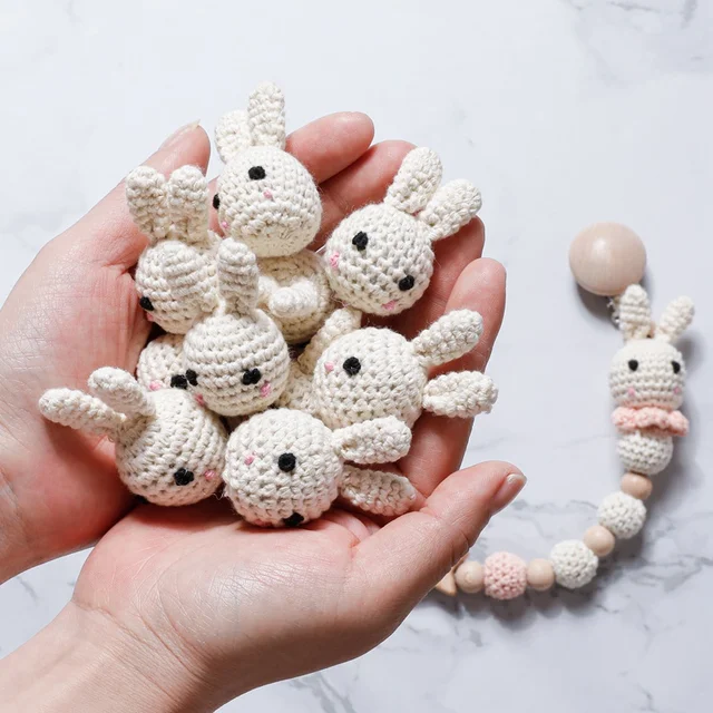 1PC Baby Pacifier Chain Crochet Cute Rabbit Panda Beads DIY Wooden Teething Pacifier Clips Knitting Jewelry Crib Baby Product 1