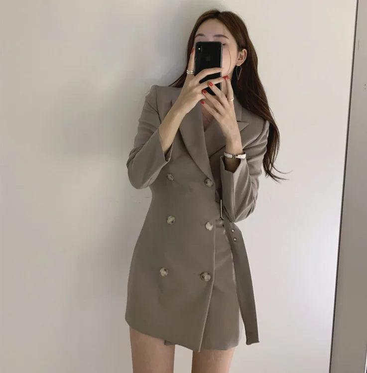 

Autumn French Korean-style Waist Hugging Slimming Solid Color Double Breasted Suit Jacket Double Purpose Dress