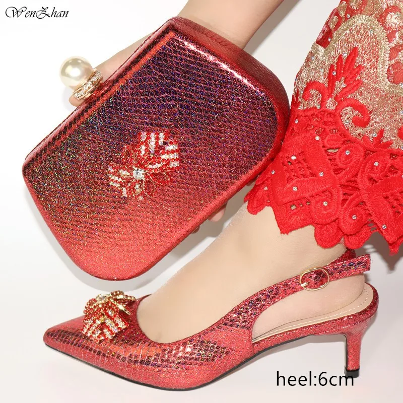 

African Shoes With Matching HandBag Fashion Red Ladies Small Heel Party Pumps With Handbag Nigeria Style 38-42 WENZHAN C912-5