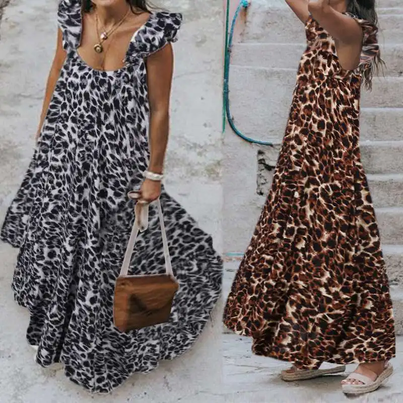 ZANZEA женское летнее леопардовое платье с оборками, повседневное Плиссированное длинное платье без рукавов, пляжное макси платье, свободные платья для вечеринок