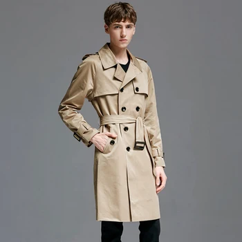 

Khaki Long Style Windbreaker Luxury Solid Double Breasted Mens Jackets Coats Plus Size 6xl Spring Autumn Men Trench
