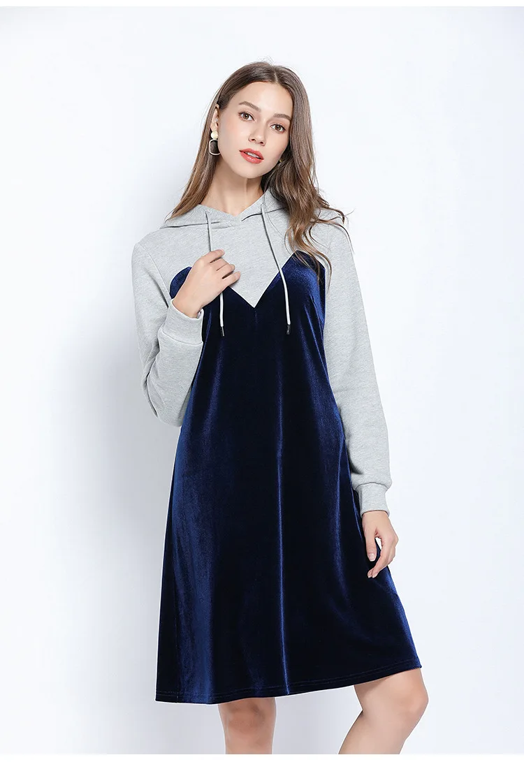 Новинка года; Осенняя Длинная толстовка золотистого бархата с капюшоном; Vestidos; длинный рукав; контрастный цвет; Женские Повседневные свитера большого размера; L-5XL