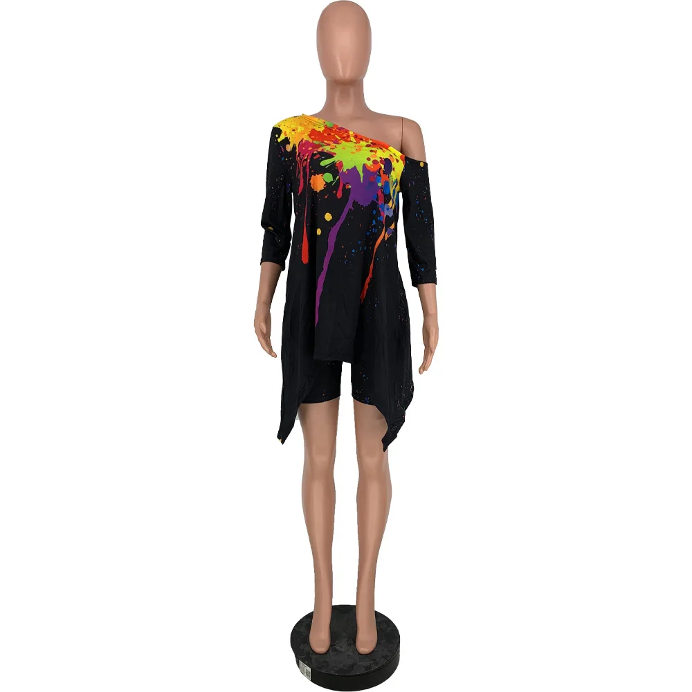 ChocoMist  Two Piece Street Splash Ink Print Asymmetrical Solid Two Piece Shorts Set crop top and skirt set