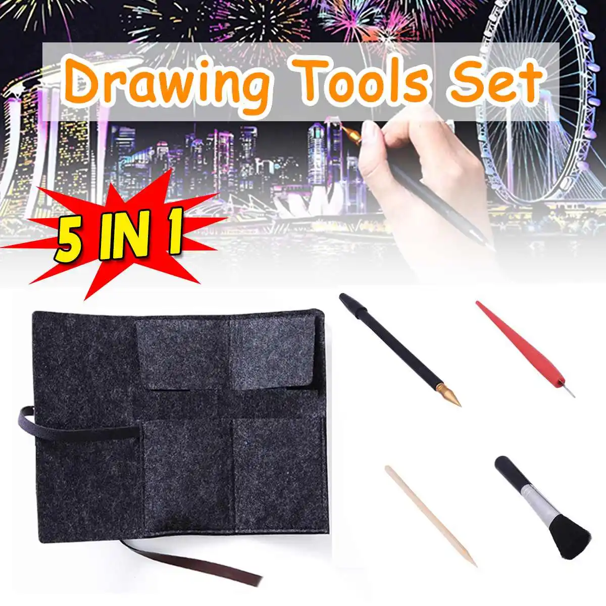 5PCS Scratch Art Scraping Painting Tools Pen Scraper Repair Scratch Pen Stick Black Brush DIY Painting Coloring Toy with Pen Bag