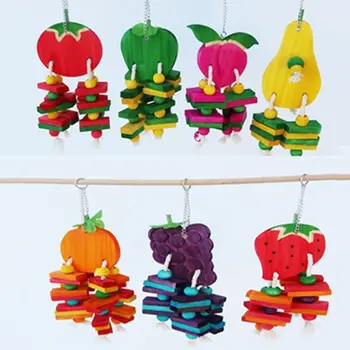 

Natural Wood Block Parrot Chew Toys Bird Fruit Shape Peach/Orange/Strawberry Hanging Cage Foraging Toy Bird Supplies C42