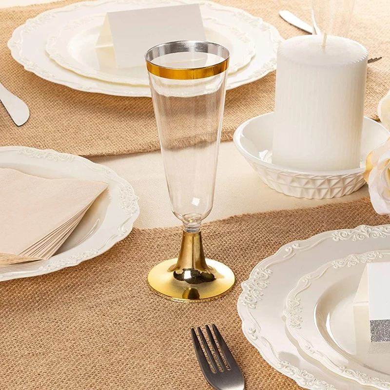 BMBY-24Plastic флейты шампанского в золотой оправе | 5,5 Oz. Прозрачные Жесткие одноразовые вечерние и свадебные стекла