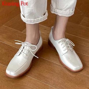 

Krazing Pot new simple style fashion handsome leather shoes square toe med heels solid women daily wear cozy neutral pumps L31