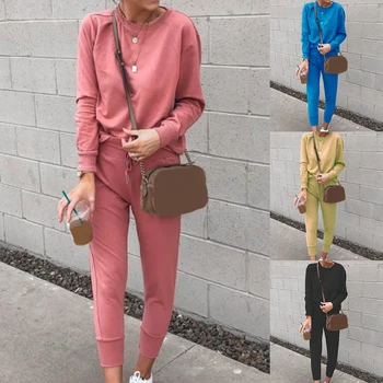 

Womens Solid Color Round Neck Long-Sleeved T-Shirt and Straight-Leg Pants Two-Piece Home Service Casual Suit