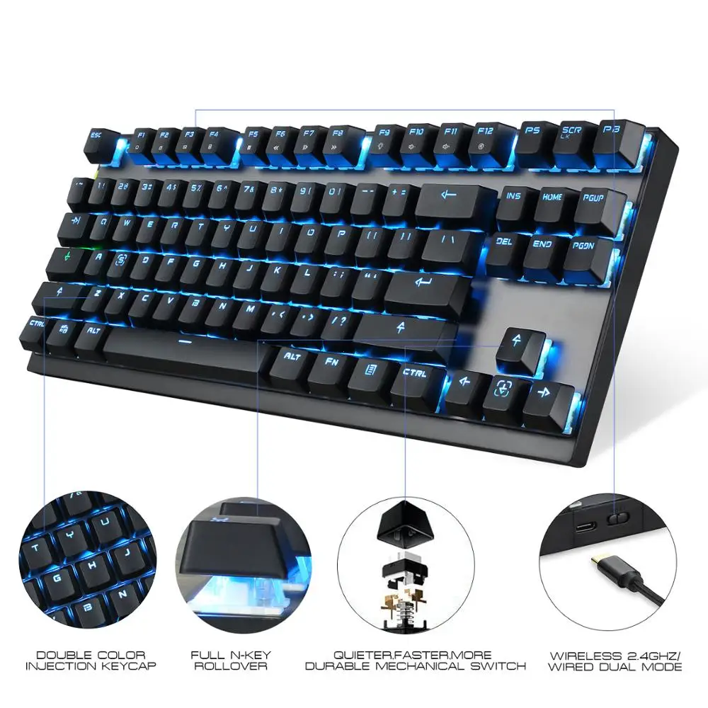 Motospeed GK82 Type-C 2.4G Wireless Mechanical Gaming Keyboard 87Key Red Switch Rechargeable LED Backlight for PC Laptop