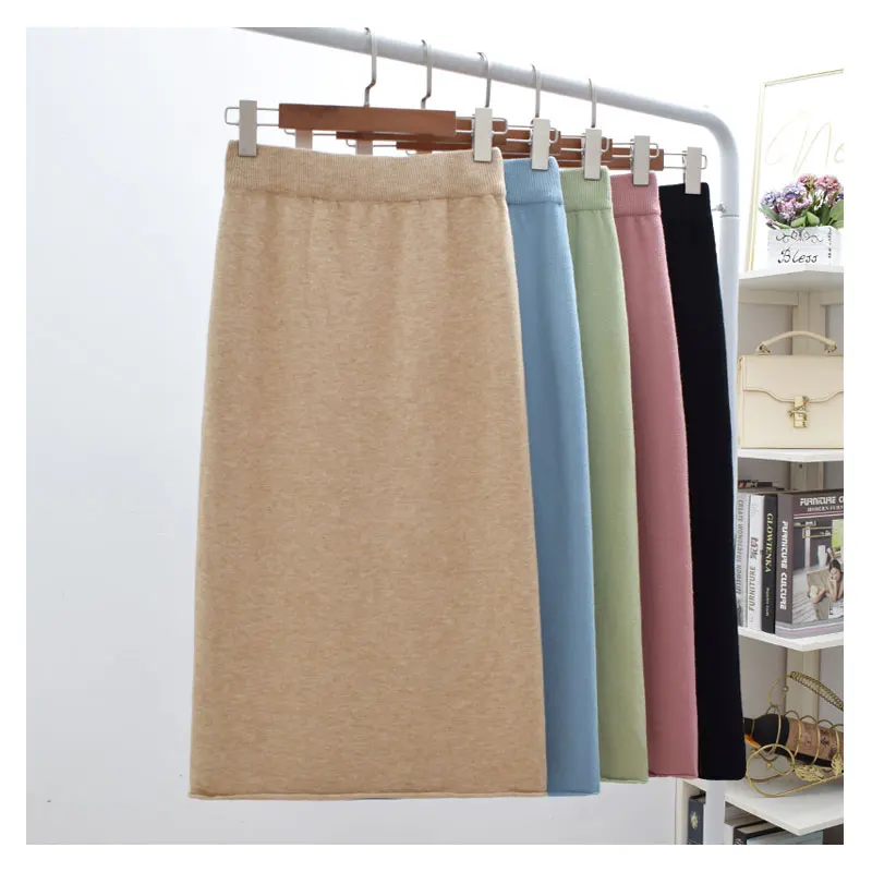 Модная тонкая осенне-зимняя трикотажная миди длинная гофрированная юбка jupe femme облегающая мягкая женская повседневная юбка до середины икры с высокой талией Falda