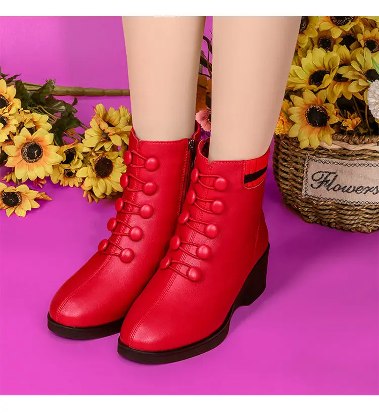 Knöpfe rote Keil Socken Stiefel für Frauen Winter Fell gefüttert Kunstleder Schuhe weibliche Stiefeletten Damen Stiefeletten Frau Plattform Stiefel – Detail 11