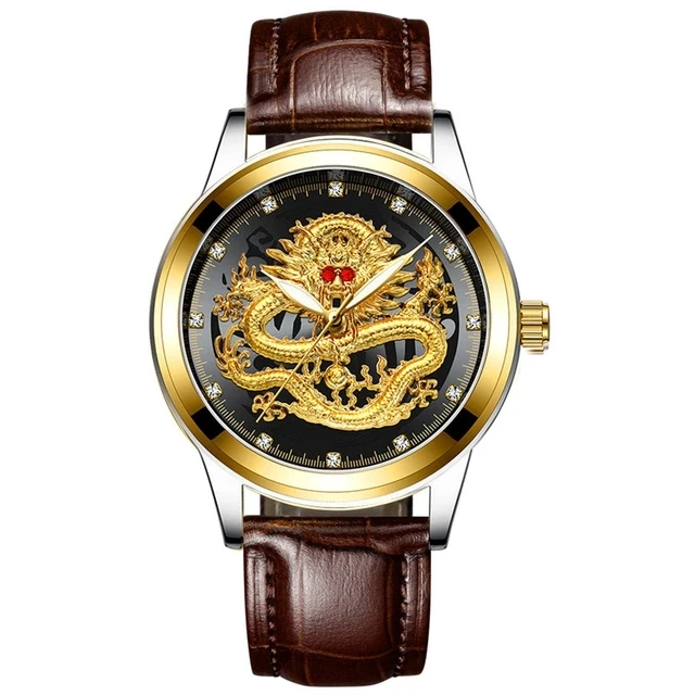 Мужские часы модные золотые серебряные из нержавеющей стали Роскошные Водонепроницаемые кожаные кварцевые часы с изображением дракона Мужские Relogio Masculino