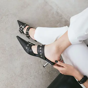 

Genuine Leather Pointed-Toe Semi-high Heeled Sandals Closed-toe Leather Hook British Style Slipper Lazy Slipper