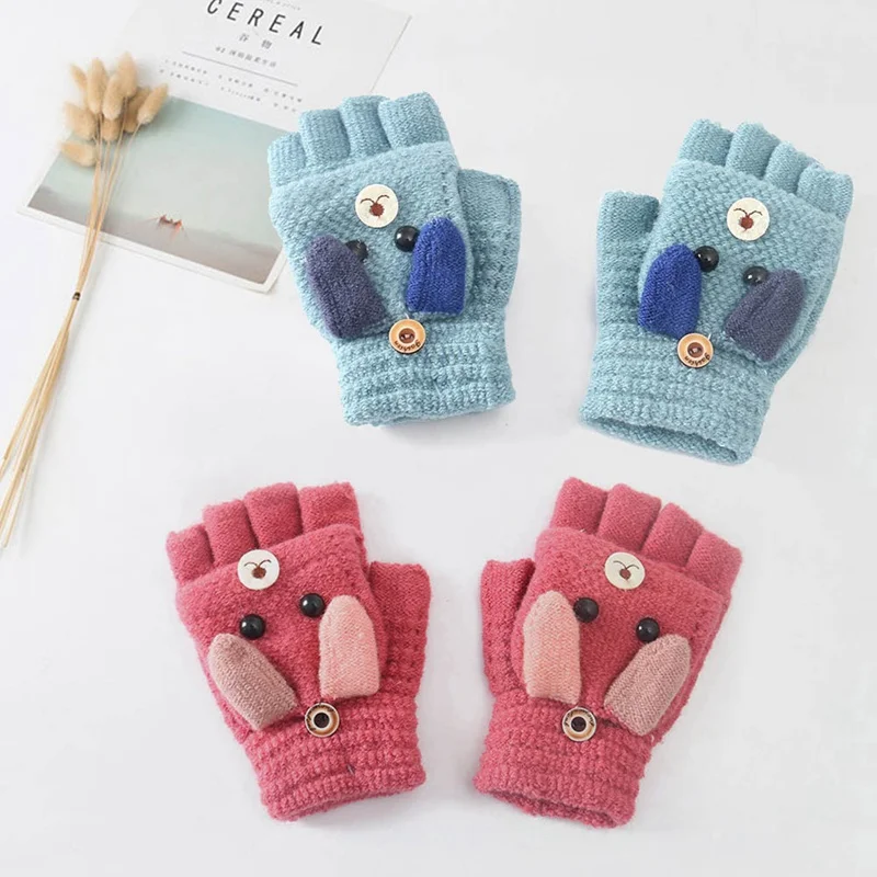Зимние детские теплые перчатки От 6 до 12 лет для начальной школы кашемировые вязанные перчатки на половину пальцев Рукавицы Мультфильмы для мальчиков и девочек