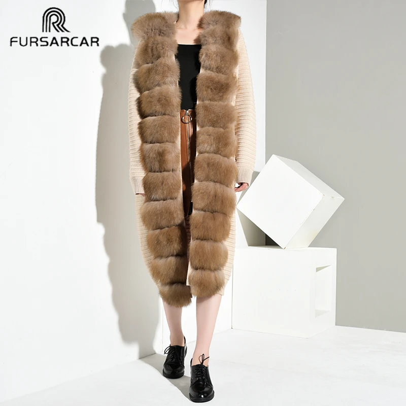Модный женский шерстяной свитер FURSARCAR цвета хаки пальто из натурального меха с