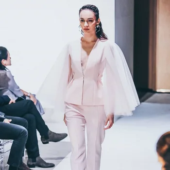 

2019 Pink Fashion Mesh Long Sleeve Women Suits Autumn Celebrity Cotton Slim V Neck High Street Top Quanlity Two Piece Suit