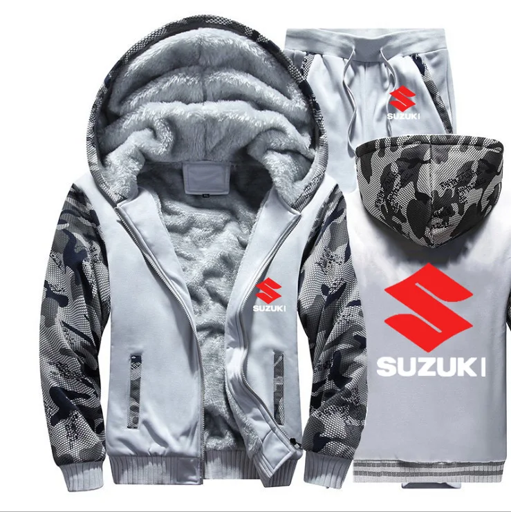 Мужские толстовки с капюшоном с логотипом Suzuki, мужские толстовки с капюшоном, зимний утепленный флисовый хлопковый спортивный костюм на молнии, мужская куртка+ штаны, комплекты из 2 предметов - Цвет: 825