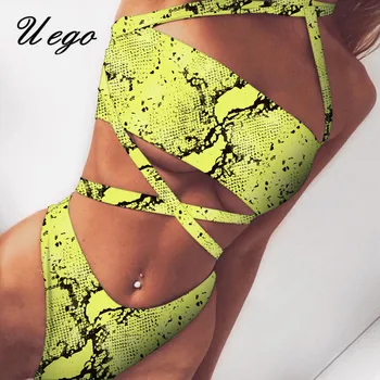 

Uego Snake Leopard Sexy Bikini Thong Set Women Swimwear Cross Bandage Cutout Beachwear Mujer Biquini Swimsuit Bating Suit Bather