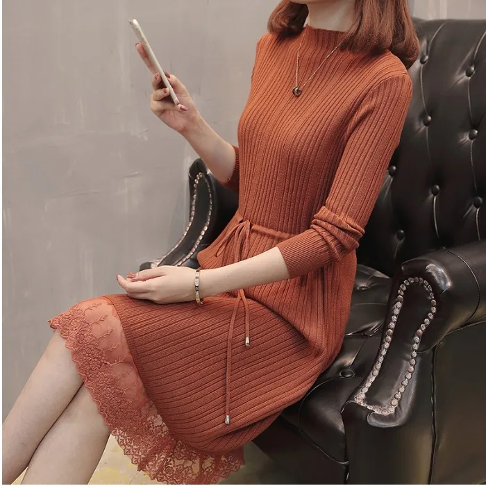 

2019 Women Warm Sweater Dress Autumn Winter Elastic Soild Long Sleeve A-line Knitting dress Female Patchwork Lace knitted Dress
