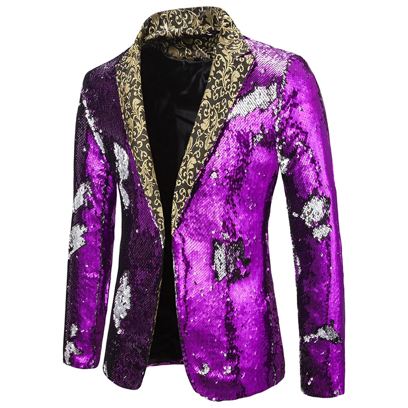

Mens Hipster Double-Color Sequins Blazer Jacket Slim Fit One Button Men Blazer Nightclub Bar DJ Singer Suit Jacket Costume Homme