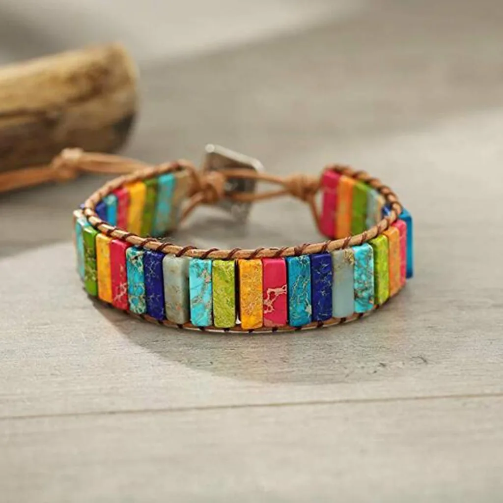 

Colored Stone Hand-knitted single-layer Leather Bracelet Chakra Handmade Imperial Jasper Wrap Adjustable Bead Bracelet Vestidos