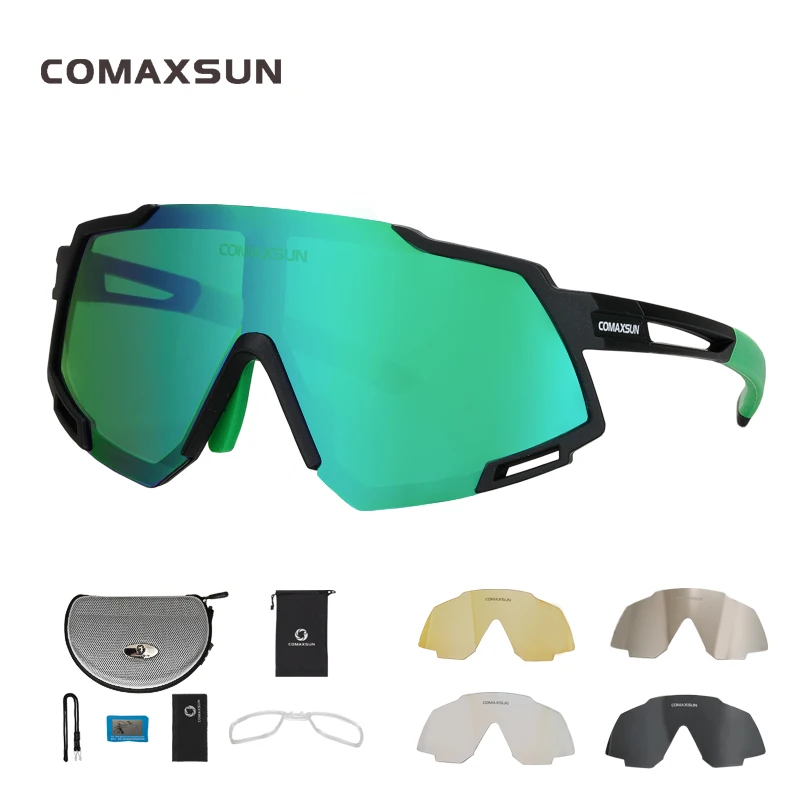 BLACK Green Comaxsun, Профессиональные поляризованные велосипедные очки, MTB, для шоссейного велосипеда, очки для спорта на открытом воздухе, велосипедные солнцезащитные очки, UV 400, с 5 линзами TR90 - Цвет: BLACK Green