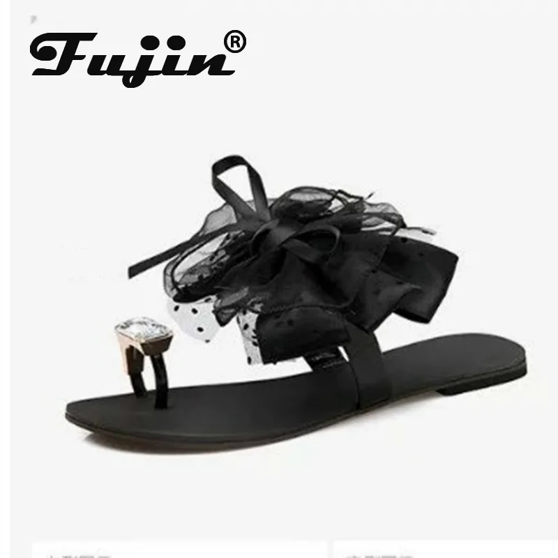 

Fujin Women Sandals Summer Flat Bottom Shoes Fashion Crystal Open Toe Breathable Butterfly Low Heels Women Causal Flat Sandals