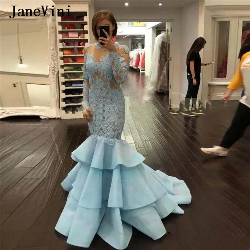 Sevintage-Light-Blue-Mermaid-Evening-Dress-Long-Sleeve-Lace-Prom-Gowns-Tiered-Skirt-Formal-Women-Evening_副本