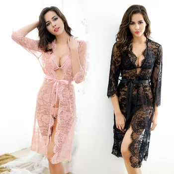 

Women Sexy Lace Night Dress Long Sleeve Hollow Nightdress Set Nightgown Bandage Deep V G-String Set Sexy Sleep Dress