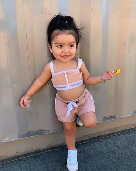 

2020 Baby Girls Suit Fashion Clothes Summer Sleeveless Mesh Zipper T-shirt Crop Top+ Shorts Two Children Sports Outfit Tracksuit