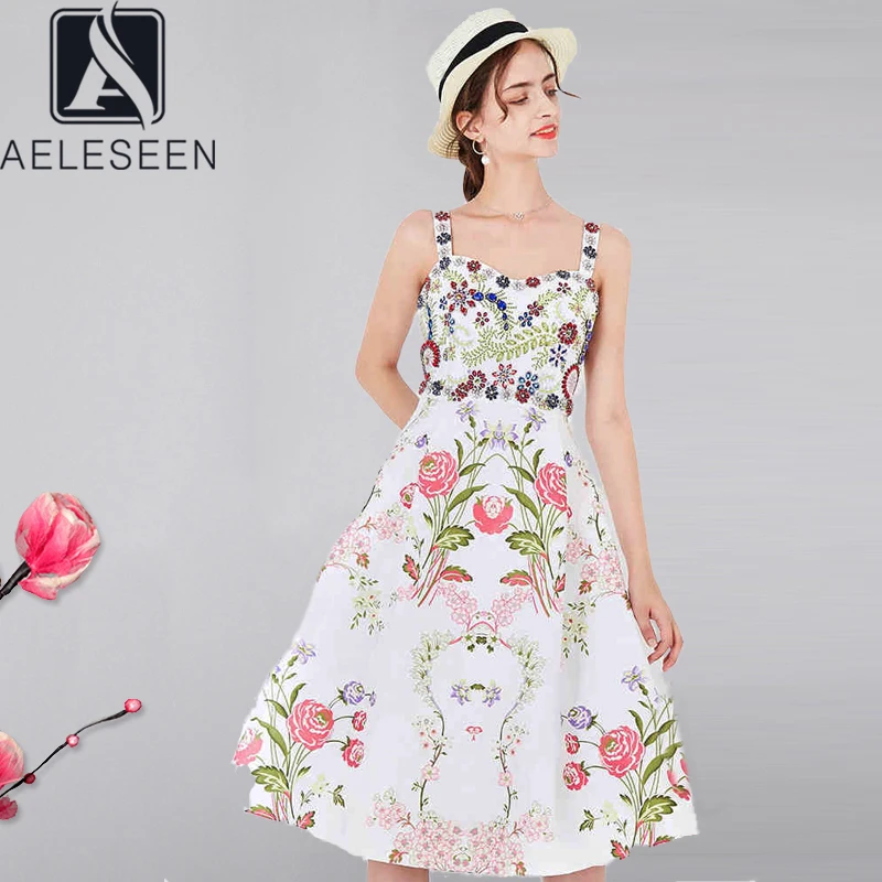 

AELESEEN Runway Fashion Summer Dress 2020 Women's Spaghetti Strap Beading Diamonds Sequined Flower Print Party Mini Dress