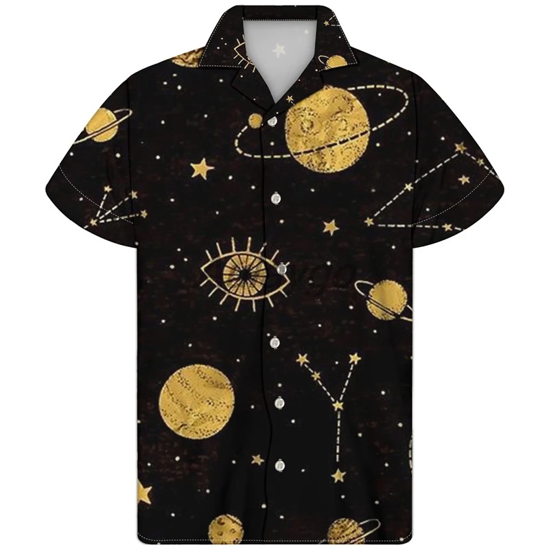 

Oversize Men Cuban Guayabera Shirt Stars And Moon Pattern Summer Thin Loose Short Sleeve Hawaiian Casual Shirt Camisa Masculina