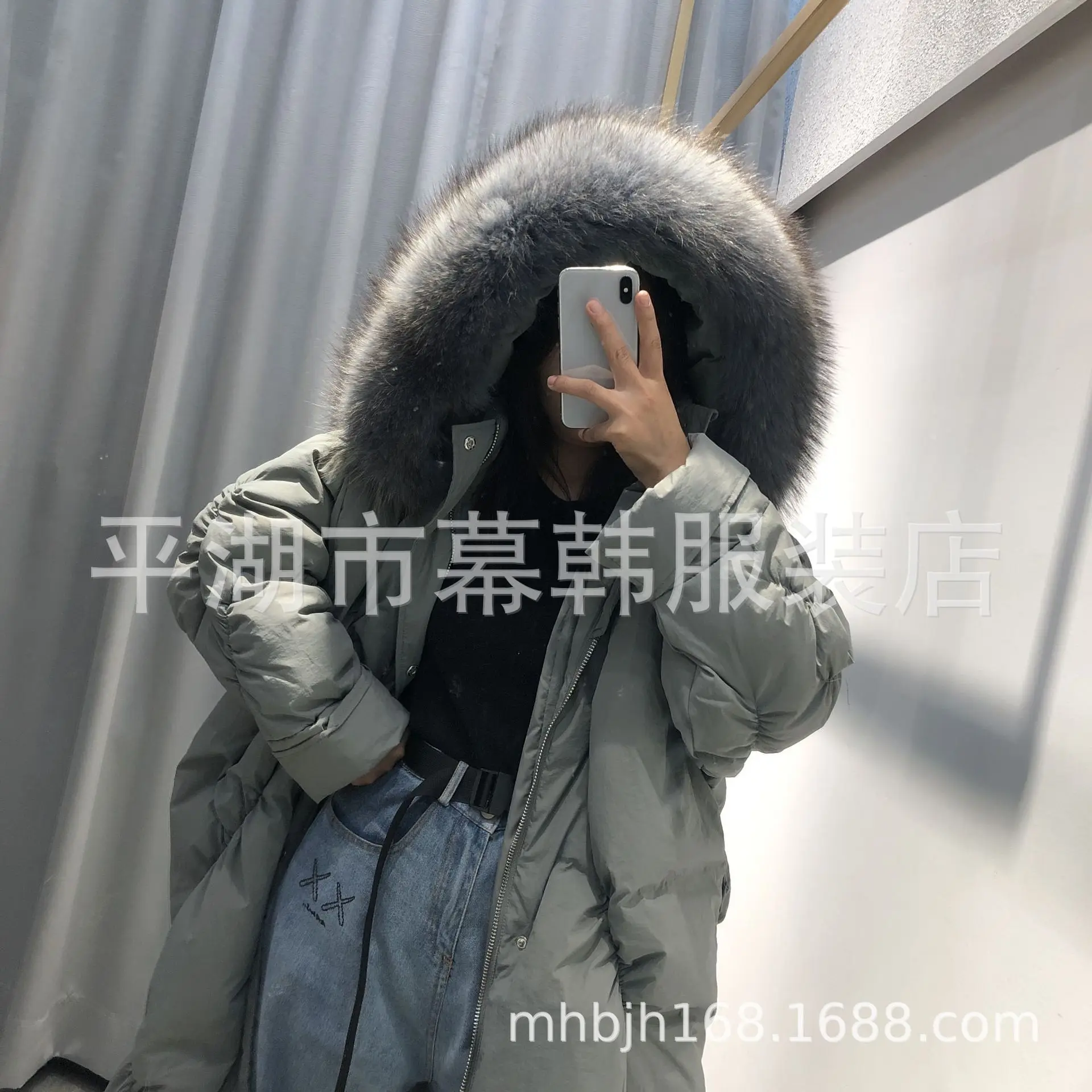 Dongdaemun,, стиль, корейский стиль, с капюшоном, большой меховой воротник, длинный, выше колена, пуховик, женское, зимнее, плотное, теплое пальто
