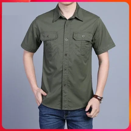 

New Mens Military Shirt Men Short Sleeve Cargo Shirts 100% Cotton Casual Solid Shirt Male Pocket Work Shirt