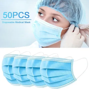 

50pcs Blue 3ply Mask Non Woven Disposable Face Mask 3 Layers Anti-dust Face Masks Ear Loop Mouth Mask Fast Ship