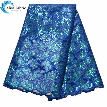

Royal Blue French Lace Fabric Sequins Lace Design Embroidered Nigerian Laces Fabric With Tulle Net Laces Fabric For Prom dresses