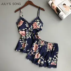 JULY'S SONG Женская Сексуальная кружевная Пижама летняя Осенняя Пижама с цветами комплект без рукавов топ и шорты с нагрудной подкладкой