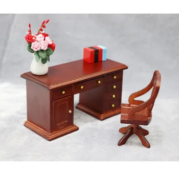 Dollhouse Furniture 1 12 Scale Wooden Writing Desk Set Computer Table Chair with Working Drawers for Dolls House Study Office