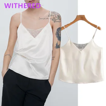

Withered england high street lace splicing spaghetti strapless summer blouse women blusas mujer de moda 2020 shirt womens tops